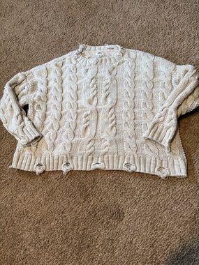 BKE Cream Cable Knit Crewneck Sweater with Distressed Hem